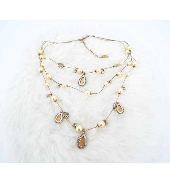 Betsey Johnson Triple Strand Necklace Faux Pearls Animal Print Rhinestone - Picture 5 of 9